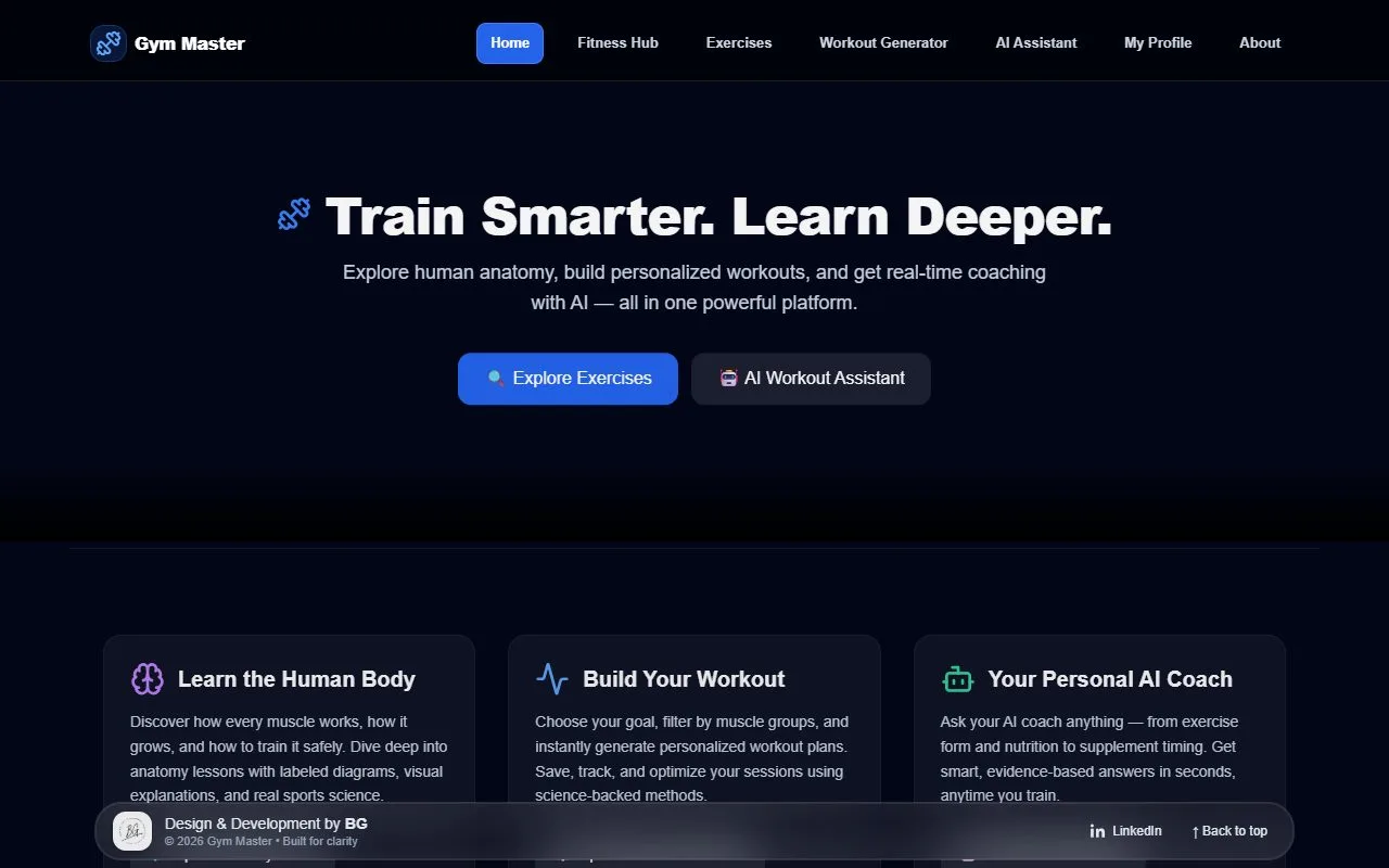 Gym Master fitness homepage showing exercise and workout navigation — desktop view