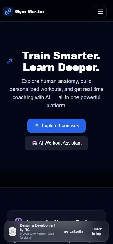 Gym Master fitness homepage showing exercise and workout navigation — mobile view