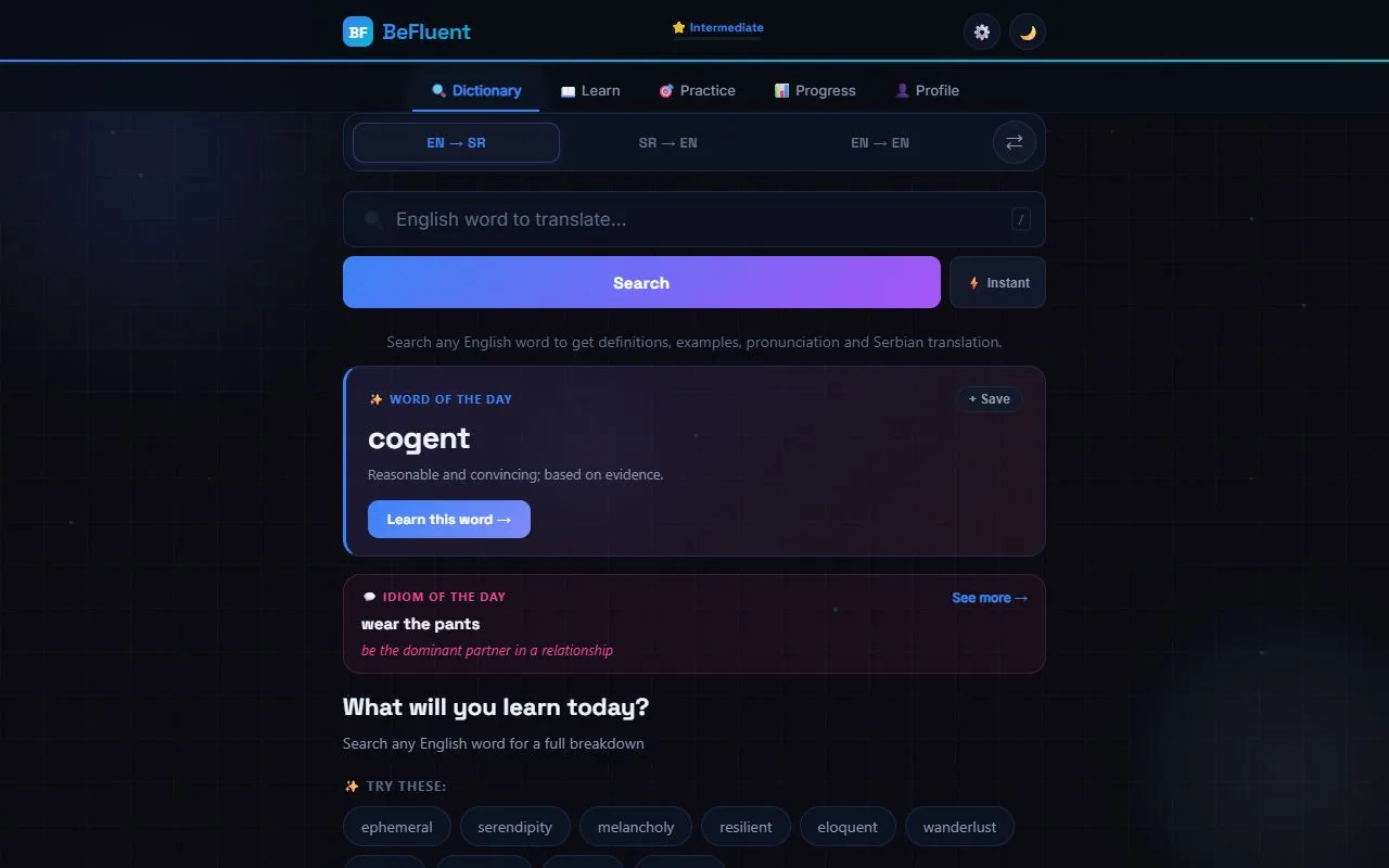 Be Fluent English learning application with its learning navigation — desktop view