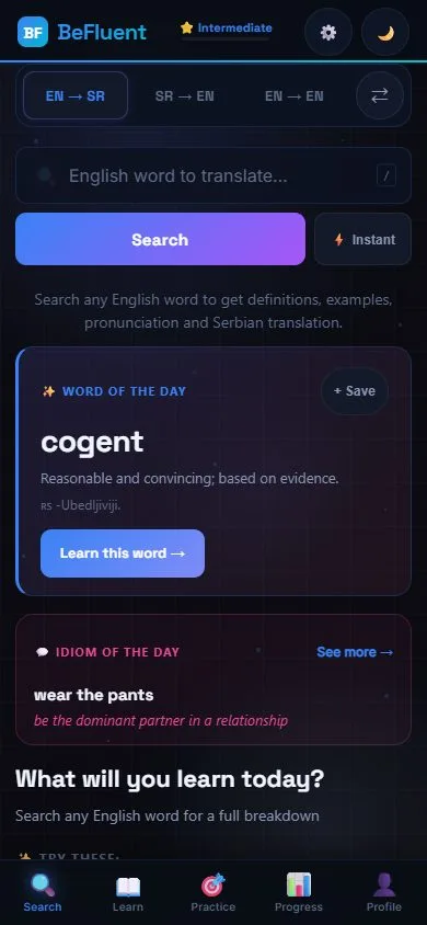 Be Fluent English learning application with its learning navigation — mobile view