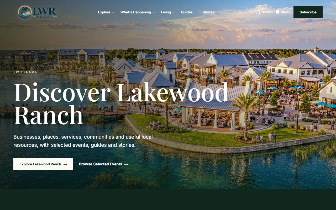 LWR Local homepage with its Lakewood Ranch discovery interface — desktop view