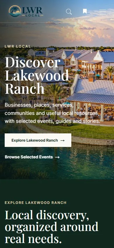 LWR Local homepage with its Lakewood Ranch discovery interface — mobile view